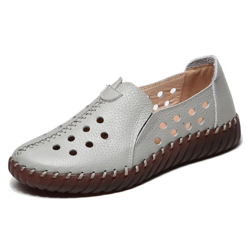 Real Leather Cutout Sandals Ladies White Ballet Flats Woman Slip On Loafer Women's Hospital Comfy Nurse Shoes Mother Flat Sandal