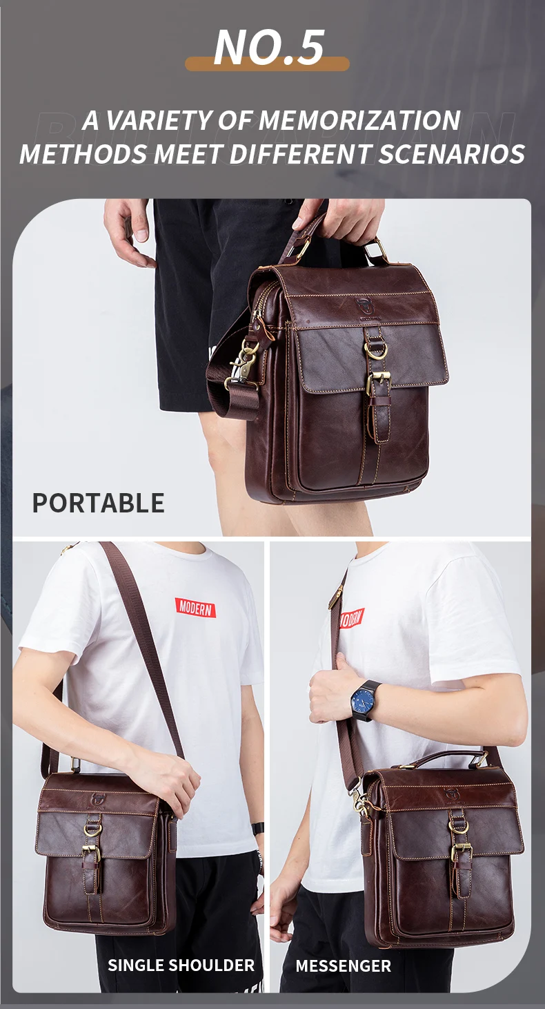 BULLCAPTAIN Men's Leather Shoulder Bag, Retro Business Crossbody Bag, Large Capacity Fashion Casual Youth Student Handbag
