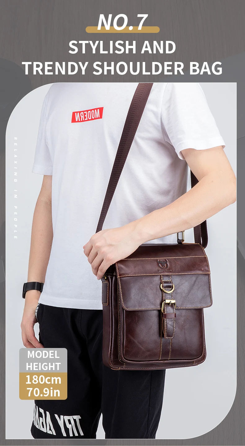 BULLCAPTAIN Men's Leather Shoulder Bag, Retro Business Crossbody Bag, Large Capacity Fashion Casual Youth Student Handbag