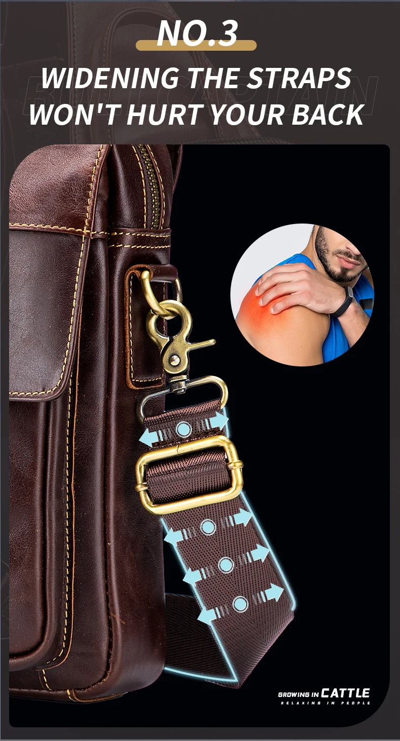 BULLCAPTAIN Men's Leather Shoulder Bag, Retro Business Crossbody Bag, Large Capacity Fashion Casual Youth Student Handbag