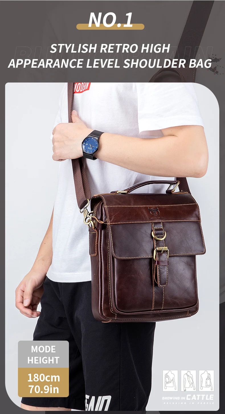 BULLCAPTAIN Men's Leather Shoulder Bag, Retro Business Crossbody Bag, Large Capacity Fashion Casual Youth Student Handbag