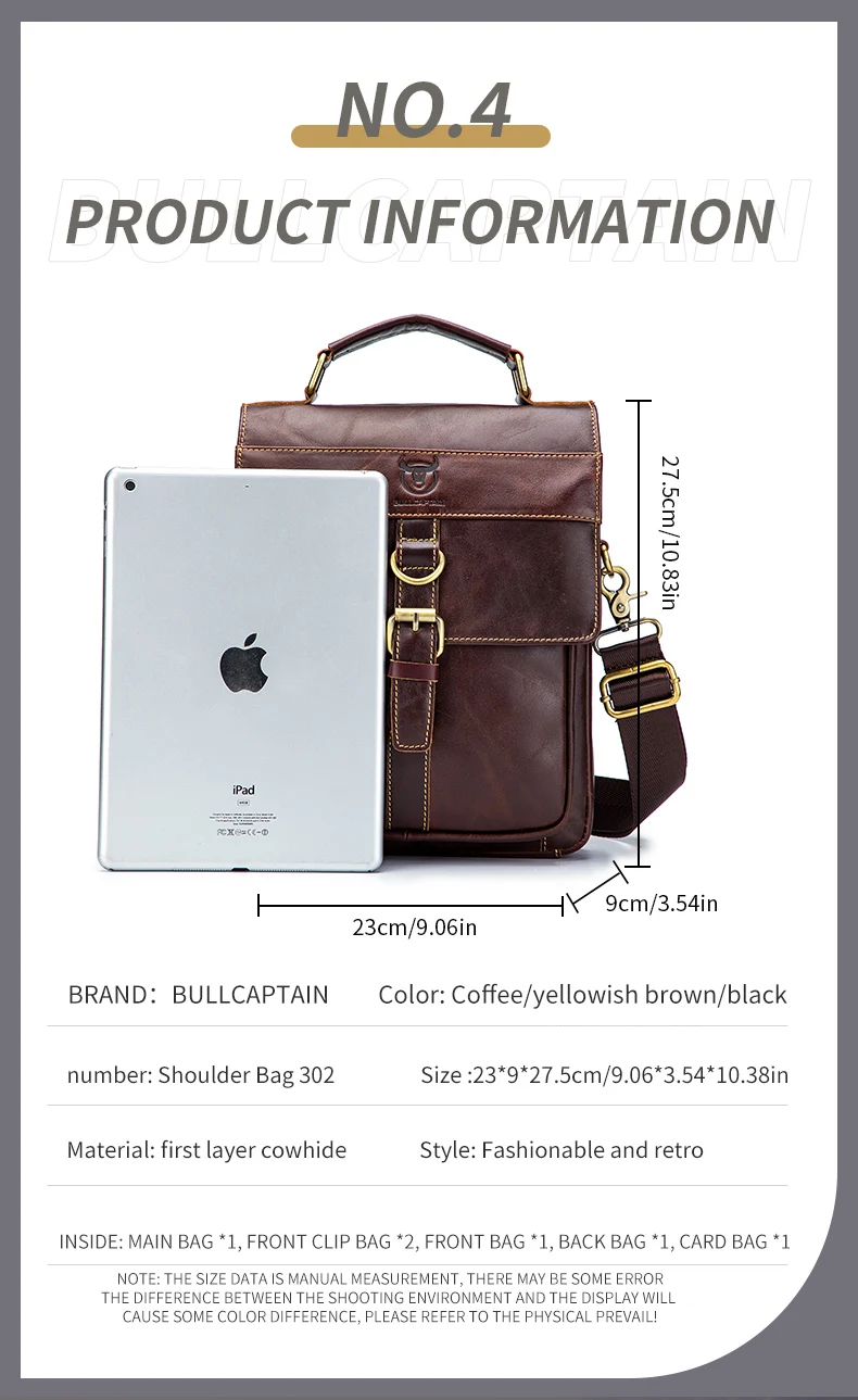 BULLCAPTAIN Men's Leather Shoulder Bag, Retro Business Crossbody Bag, Large Capacity Fashion Casual Youth Student Handbag