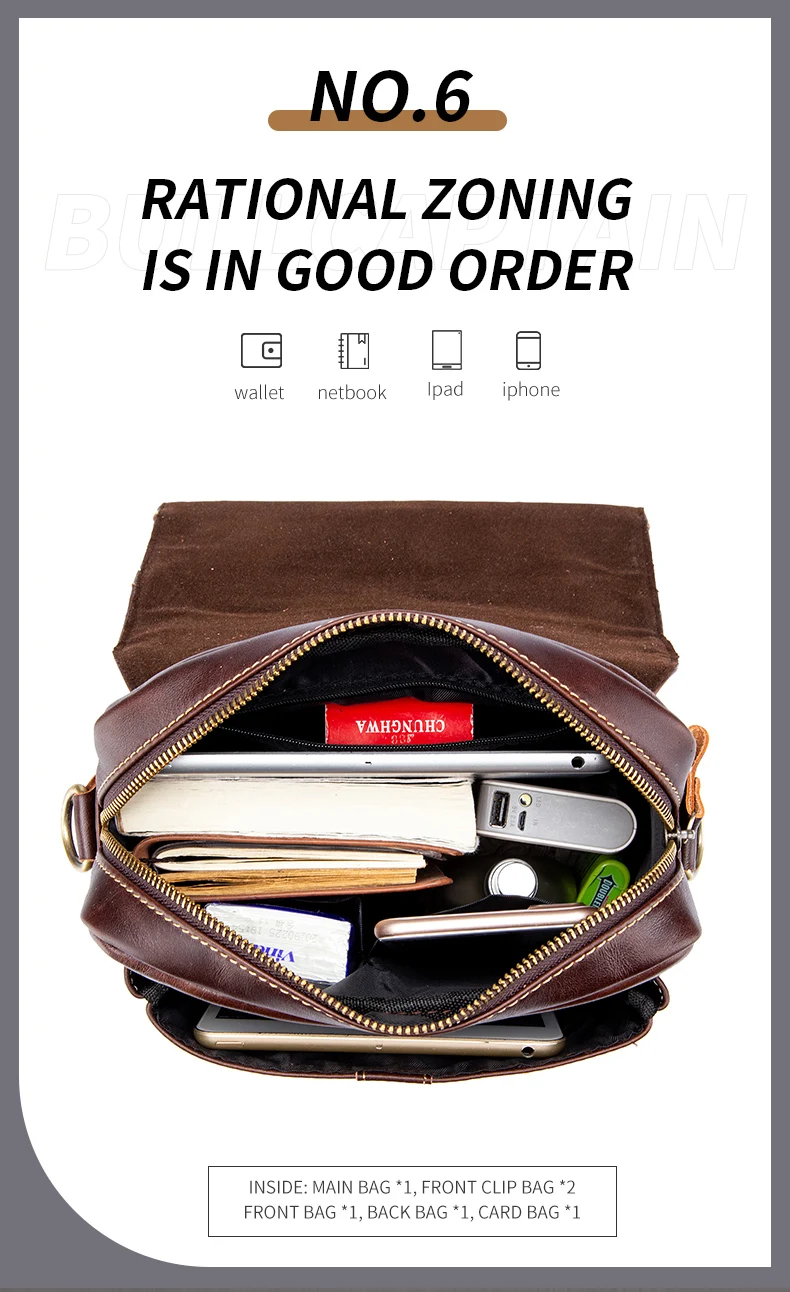 BULLCAPTAIN Men's Leather Shoulder Bag, Retro Business Crossbody Bag, Large Capacity Fashion Casual Youth Student Handbag