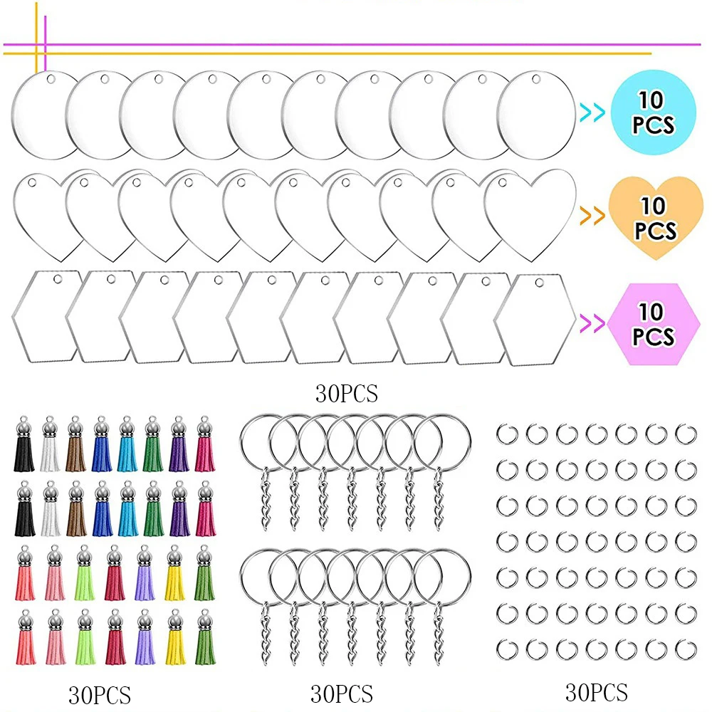 120PCS Acrylic Blank Keychain Decoration Set With Colorful Leather Tassel For Custom Vinyl and DIY Craft