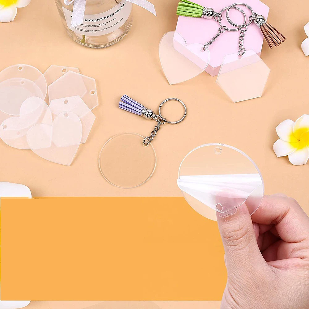 120PCS Acrylic Blank Keychain Decoration Set With Colorful Leather Tassel For Custom Vinyl and DIY Craft