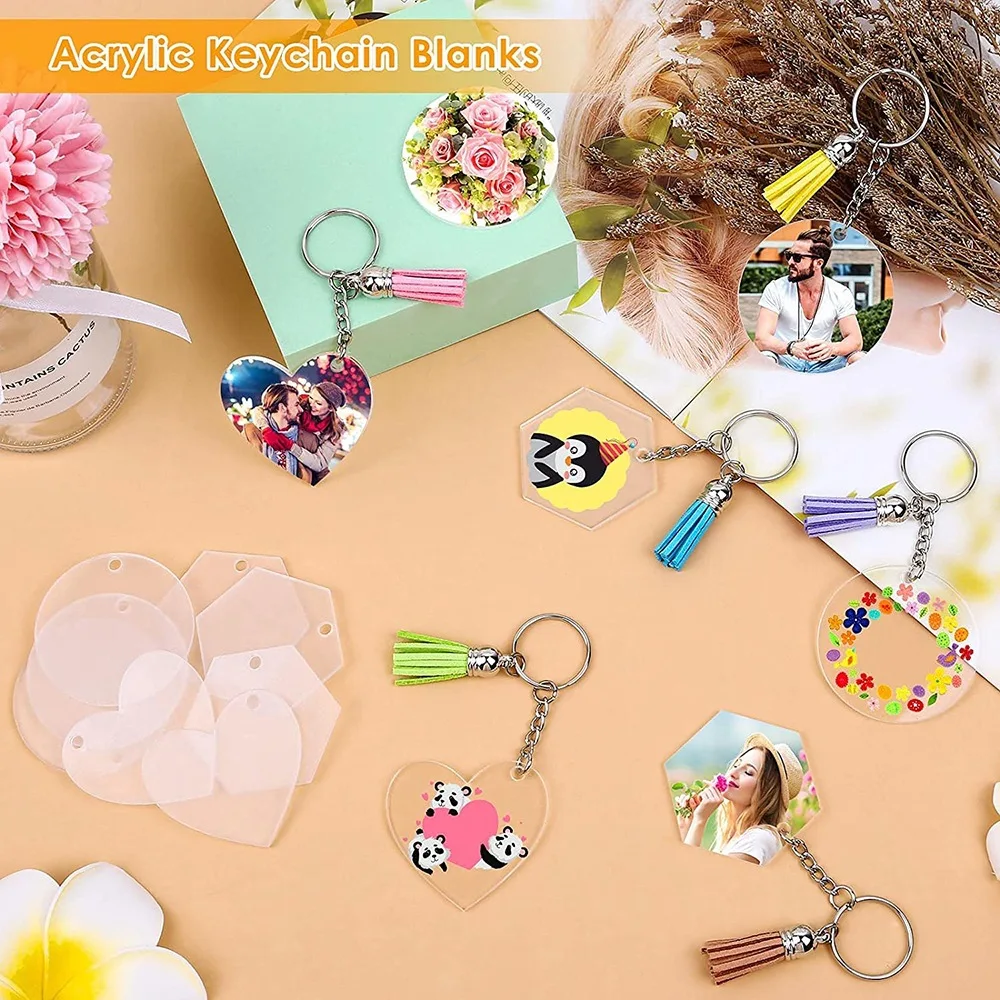 120PCS Acrylic Blank Keychain Decoration Set With Colorful Leather Tassel For Custom Vinyl and DIY Craft