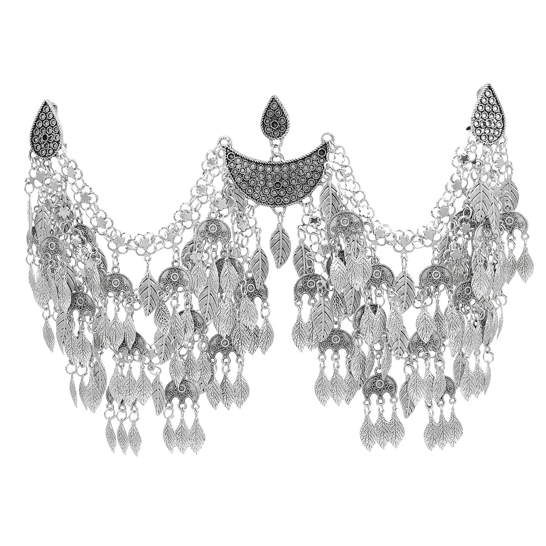 Vintage Silver Plated Moon Leaves Hair Accessories Boho Afghan Ethnic Women's Hair Jewelry Assyrian Tribe Bride Wedding Headband