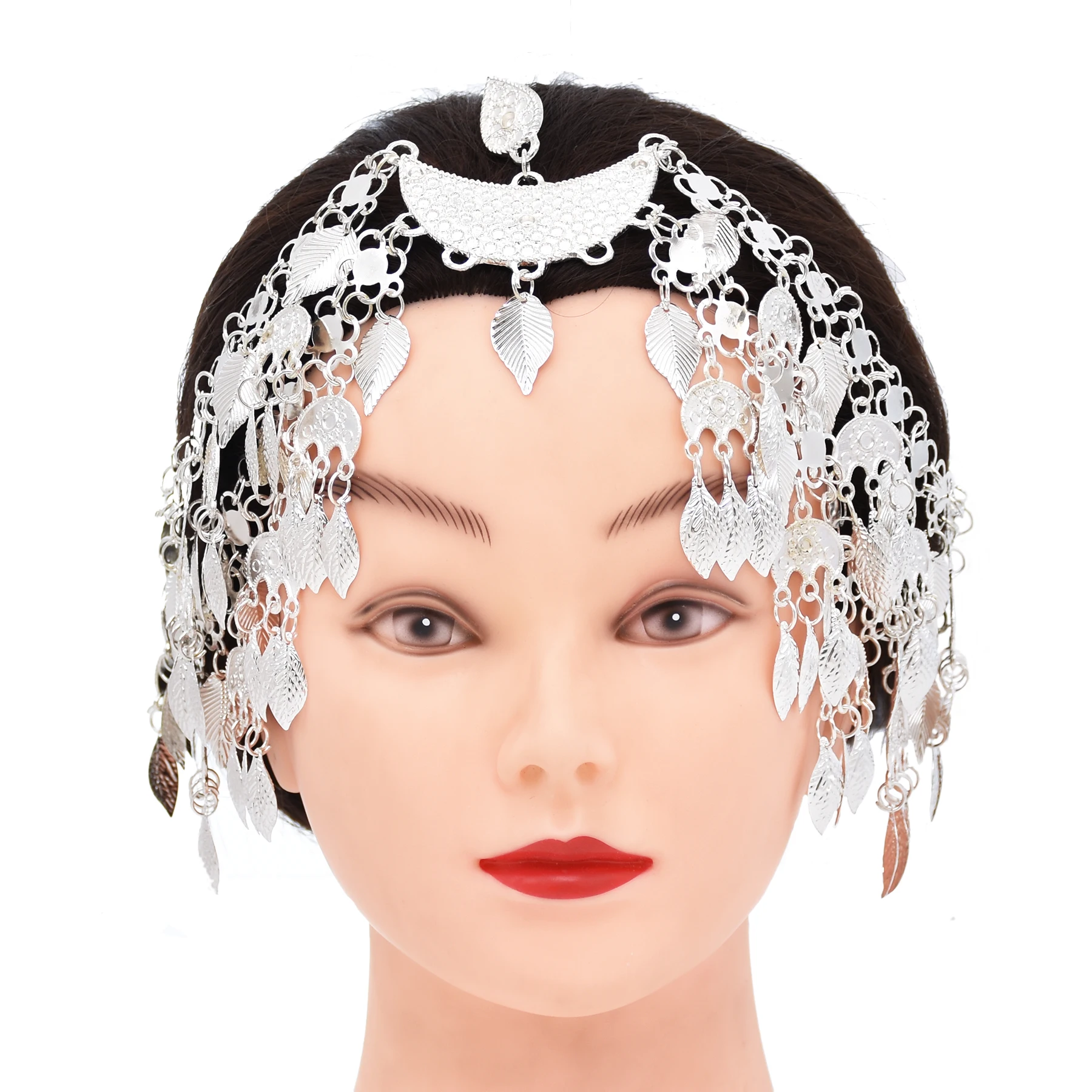 Vintage Silver Plated Moon Leaves Hair Accessories Boho Afghan Ethnic Women's Hair Jewelry Assyrian Tribe Bride Wedding Headband