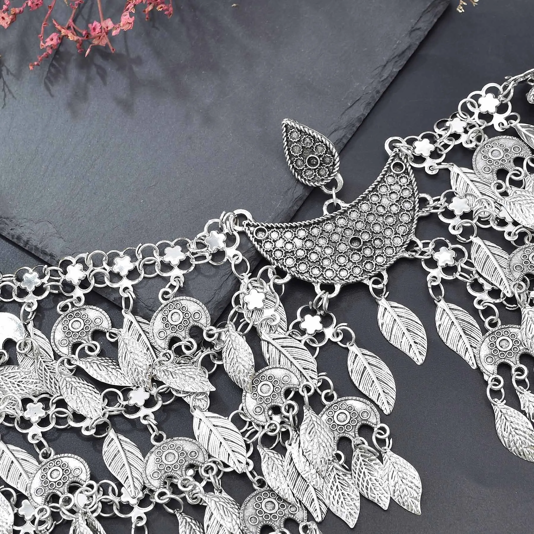 Vintage Silver Plated Moon Leaves Hair Accessories Boho Afghan Ethnic Women's Hair Jewelry Assyrian Tribe Bride Wedding Headband