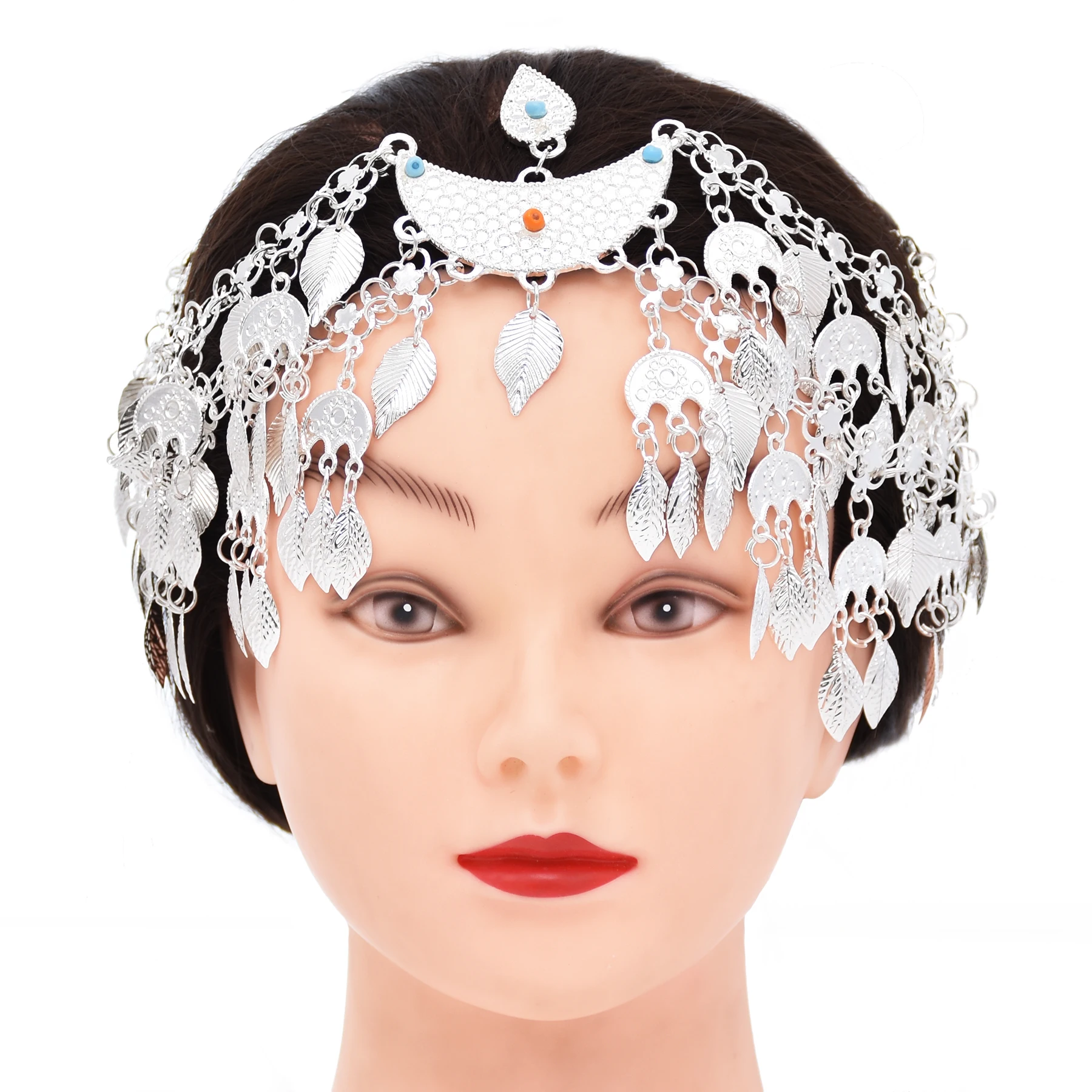 Vintage Silver Plated Moon Leaves Hair Accessories Boho Afghan Ethnic Women's Hair Jewelry Assyrian Tribe Bride Wedding Headband