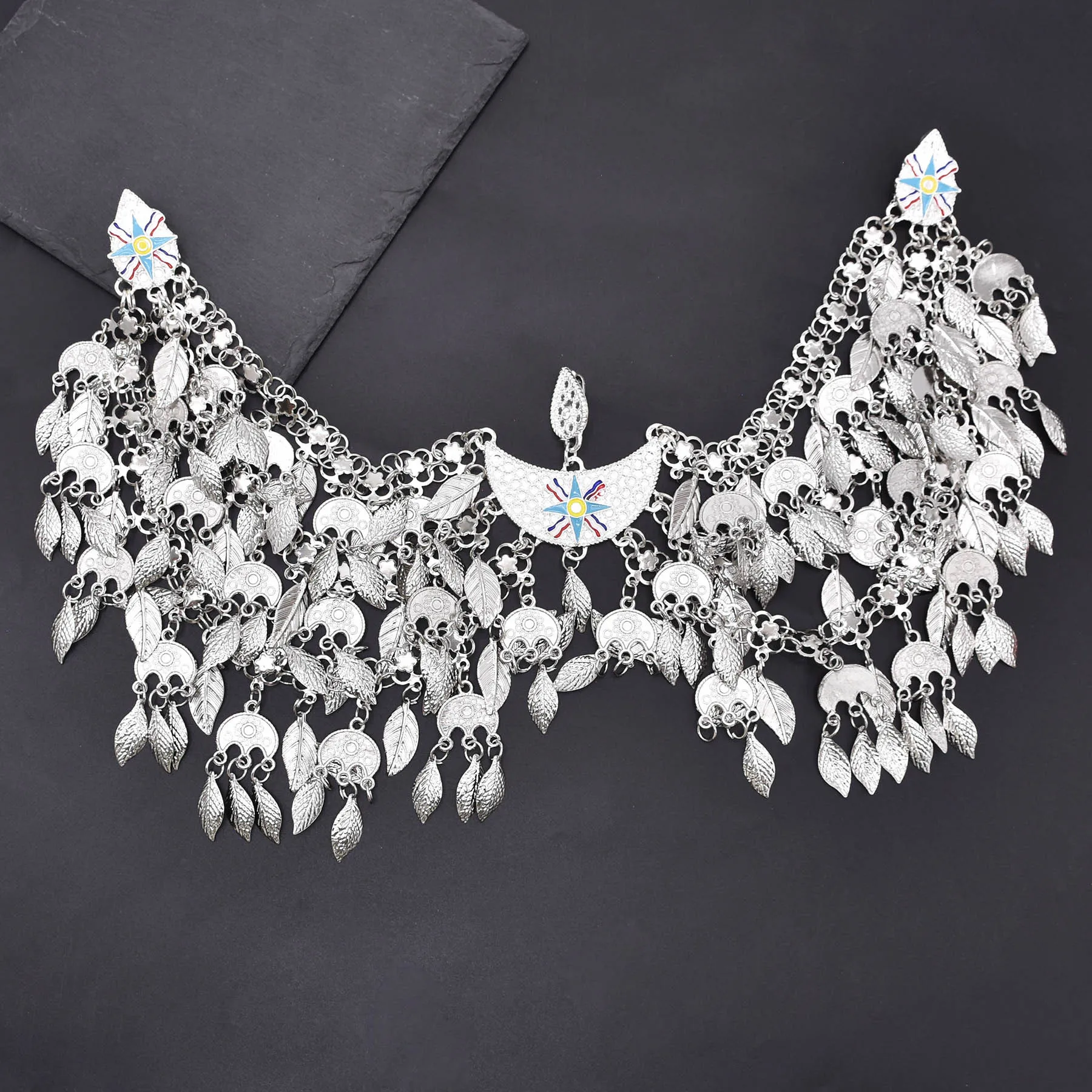 Vintage Silver Plated Moon Leaves Hair Accessories Boho Afghan Ethnic Women's Hair Jewelry Assyrian Tribe Bride Wedding Headband