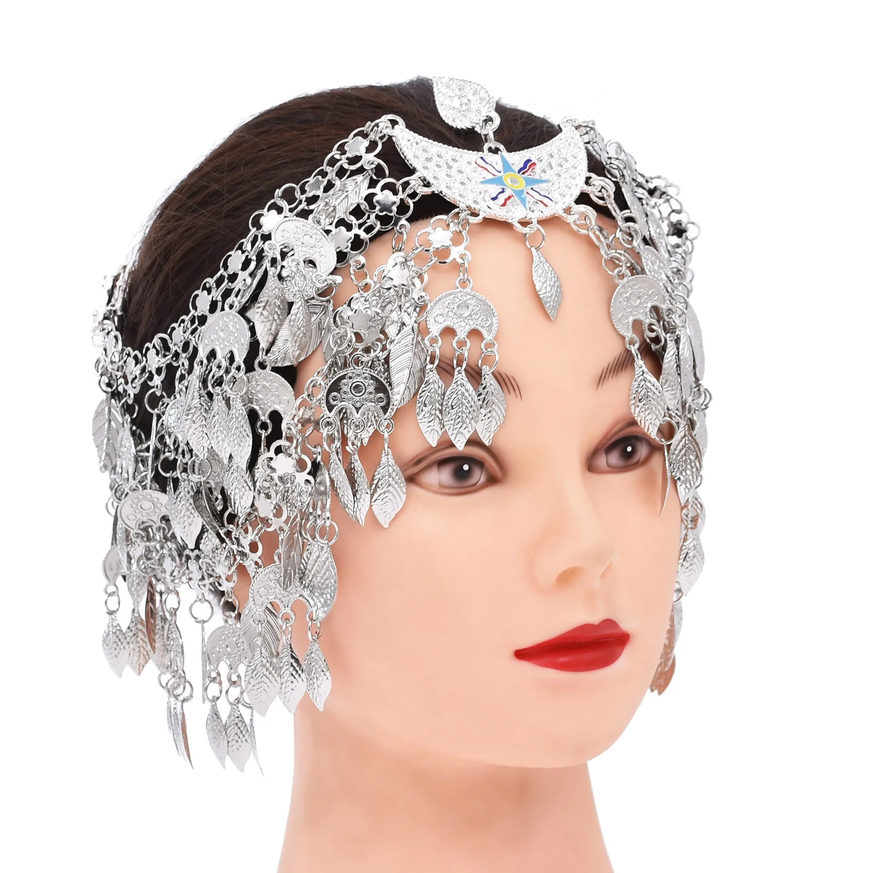 Vintage Silver Plated Moon Leaves Hair Accessories Boho Afghan Ethnic Women's Hair Jewelry Assyrian Tribe Bride Wedding Headband