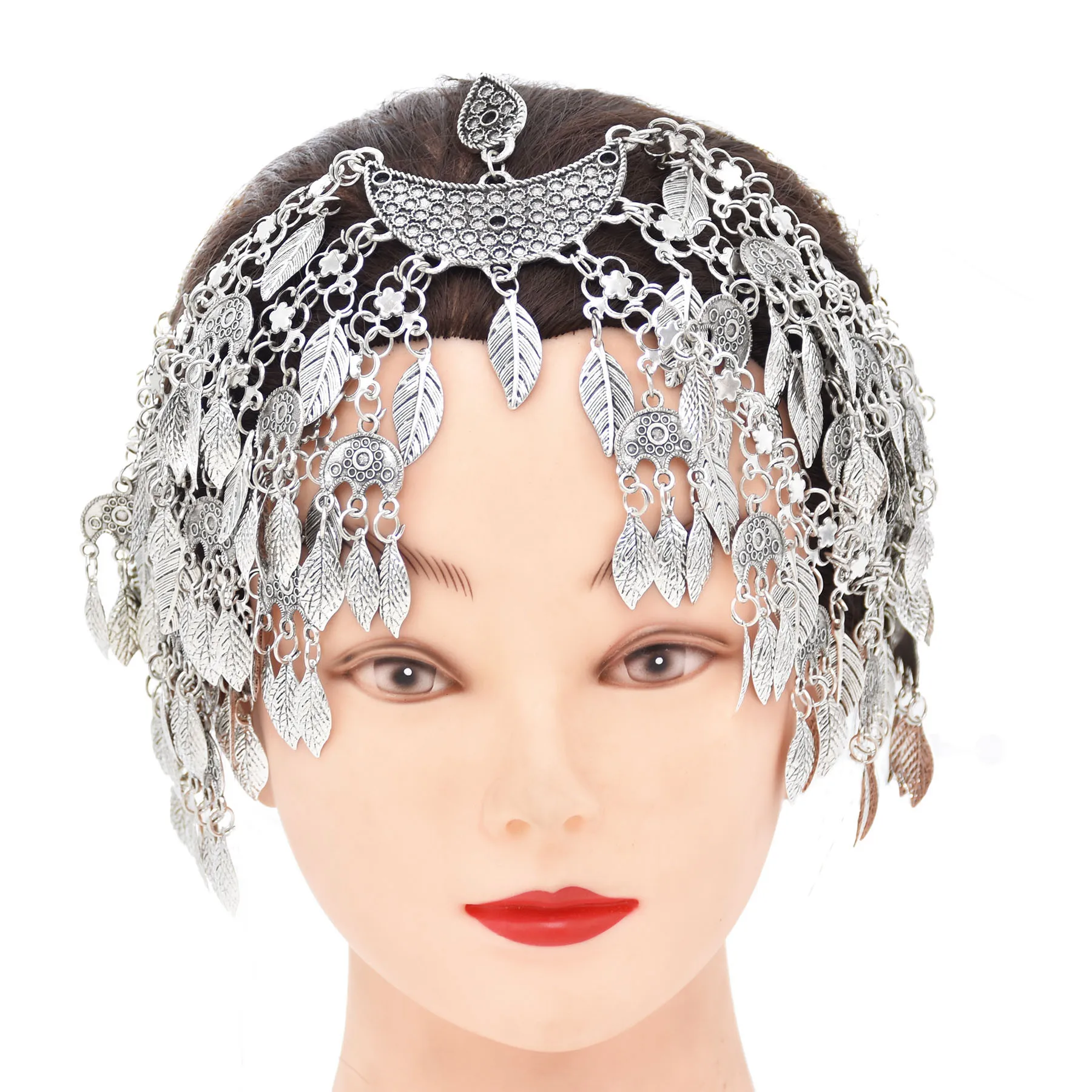 Vintage Silver Plated Moon Leaves Hair Accessories Boho Afghan Ethnic Women's Hair Jewelry Assyrian Tribe Bride Wedding Headband