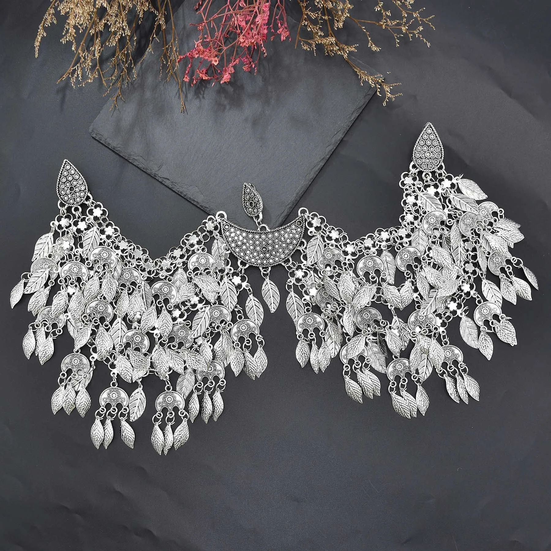 Vintage Silver Plated Moon Leaves Hair Accessories Boho Afghan Ethnic Women's Hair Jewelry Assyrian Tribe Bride Wedding Headband