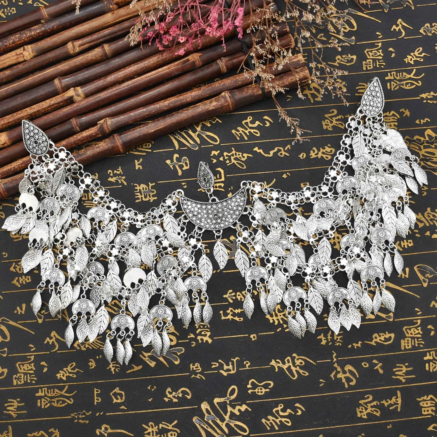 Vintage Silver Plated Moon Leaves Hair Accessories Boho Afghan Ethnic Women's Hair Jewelry Assyrian Tribe Bride Wedding Headband