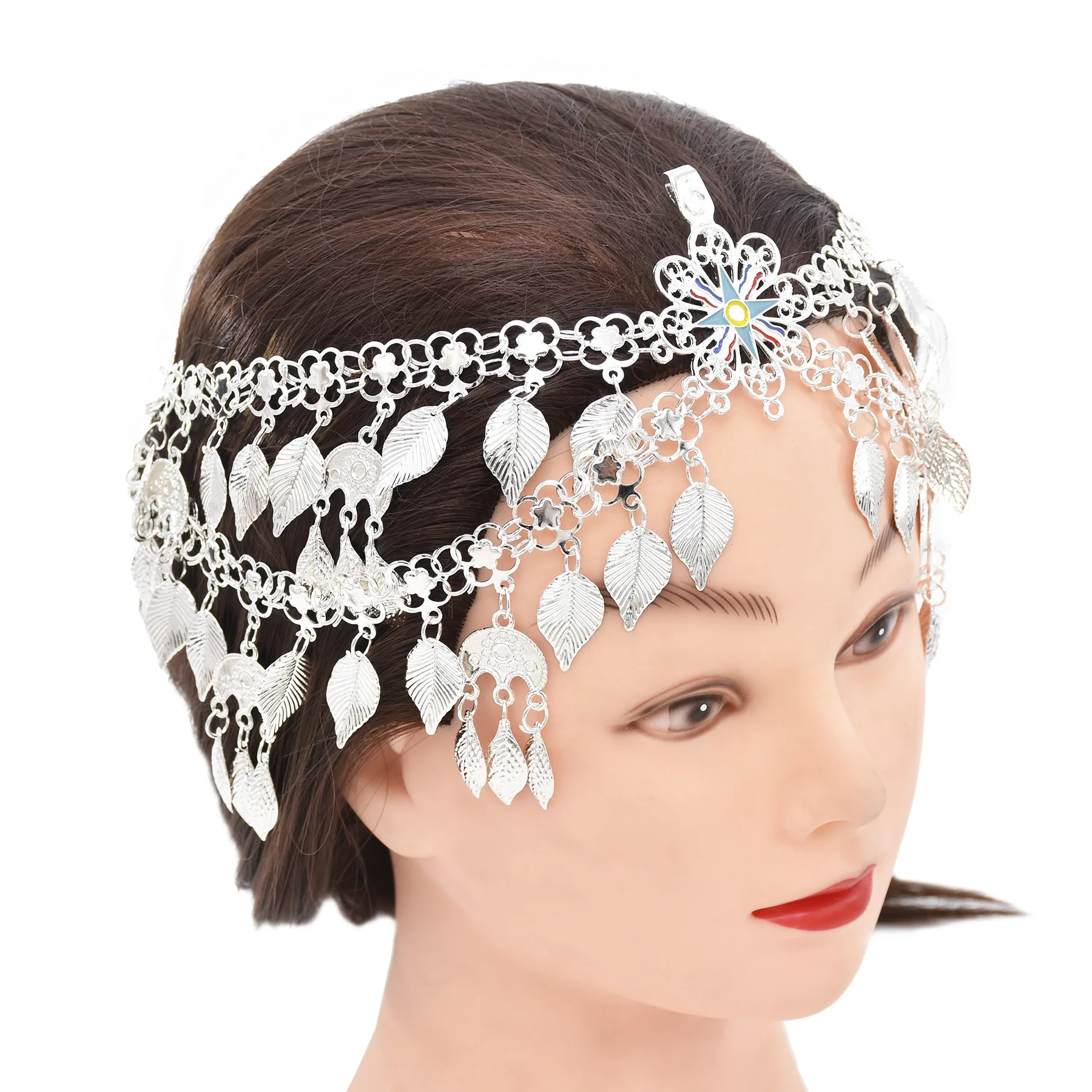 Sparkling Silver Plated Leaves Tassel Headband Hair Accessories Bohemian Bride Hair Jewelry Dance Party Banquet Fashion Gift