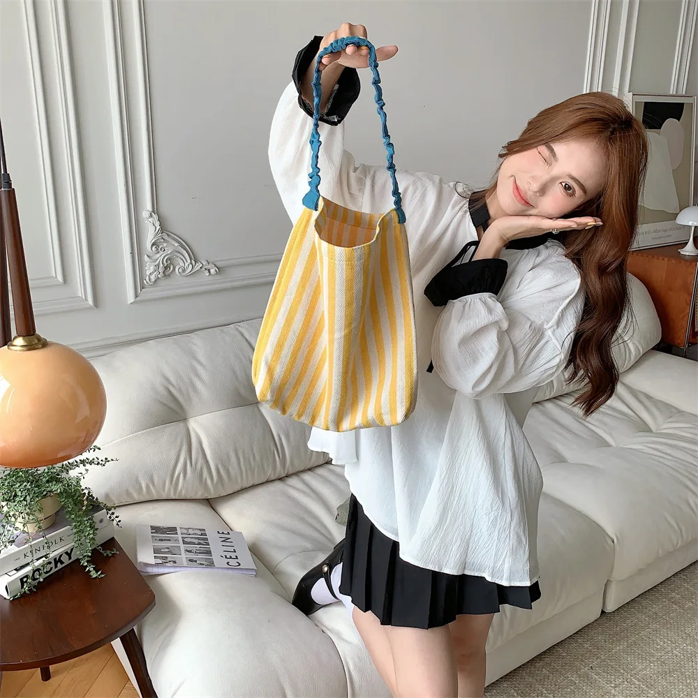 Contrast Color Women's Stripe Shoulder Bags Simple Canvas College Girls Book Tote Shopping Bag Casual Female Travel Handbags