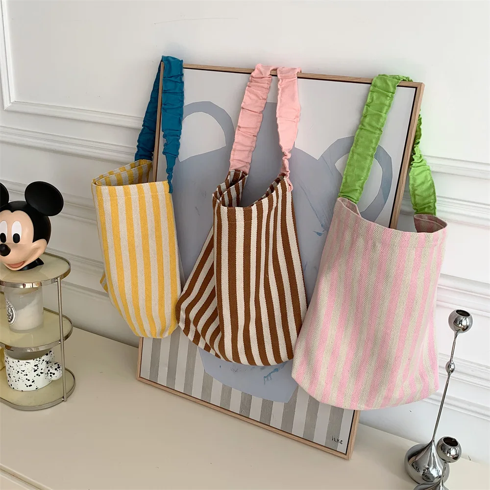 Contrast Color Women's Stripe Shoulder Bags Simple Canvas College Girls Book Tote Shopping Bag Casual Female Travel Handbags