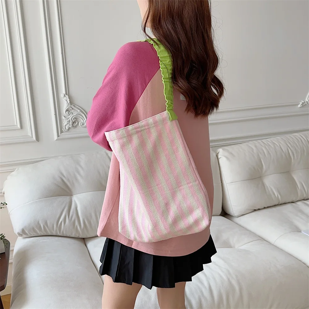 Contrast Color Women's Stripe Shoulder Bags Simple Canvas College Girls Book Tote Shopping Bag Casual Female Travel Handbags