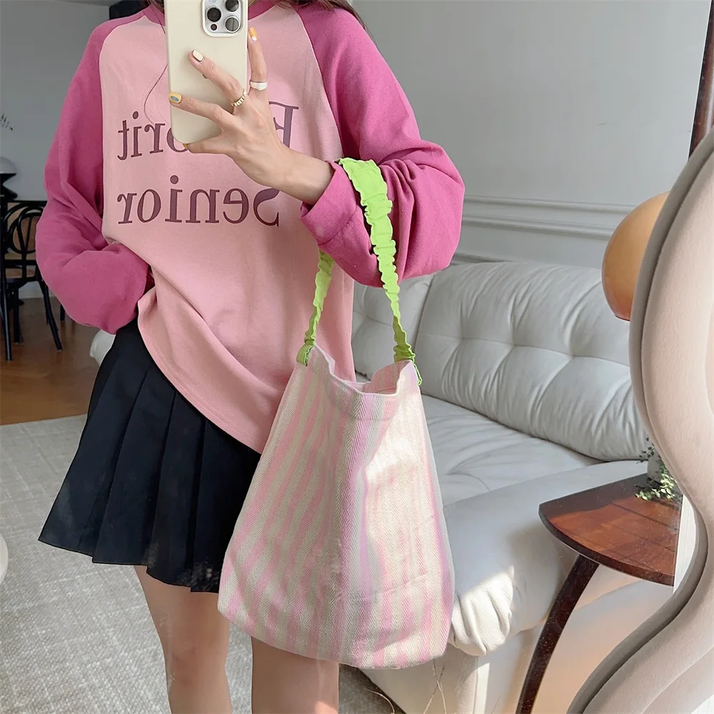 Contrast Color Women's Stripe Shoulder Bags Simple Canvas College Girls Book Tote Shopping Bag Casual Female Travel Handbags