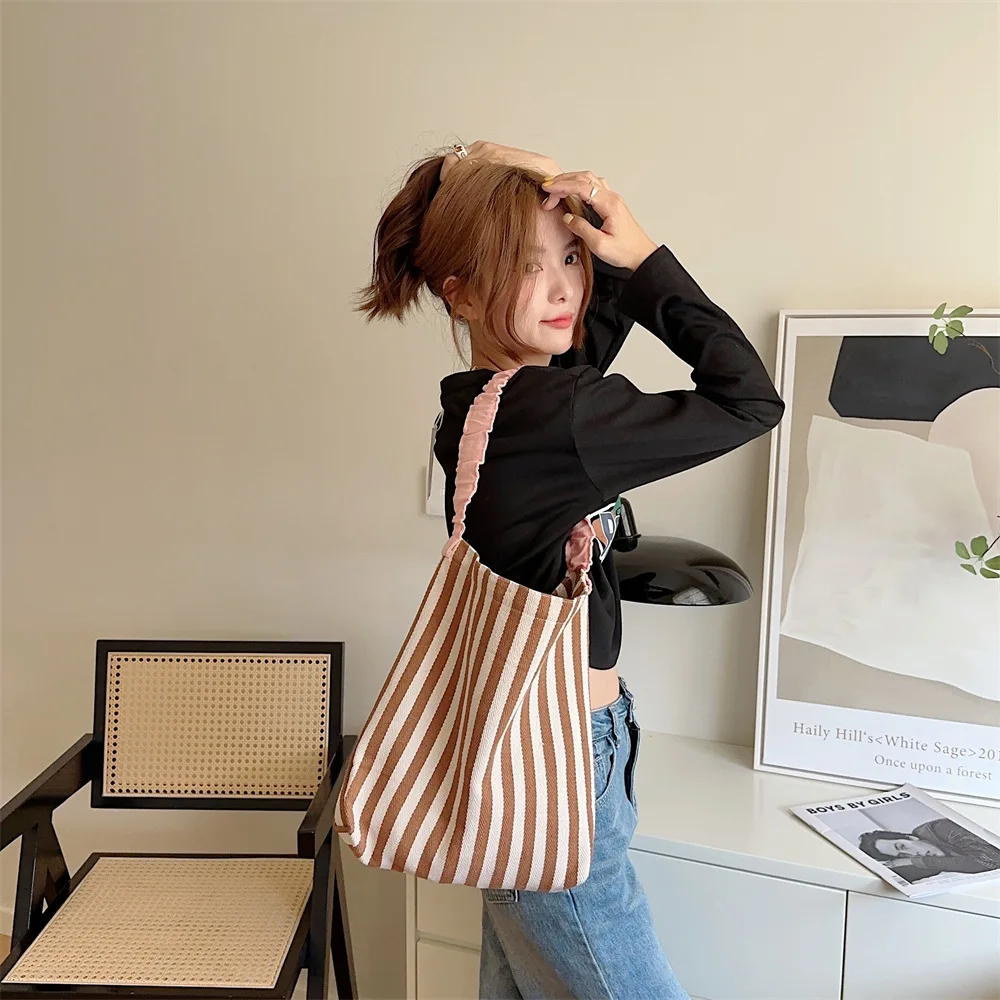Contrast Color Women's Stripe Shoulder Bags Simple Canvas College Girls Book Tote Shopping Bag Casual Female Travel Handbags