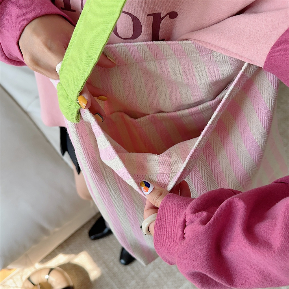 Contrast Color Women's Stripe Shoulder Bags Simple Canvas College Girls Book Tote Shopping Bag Casual Female Travel Handbags