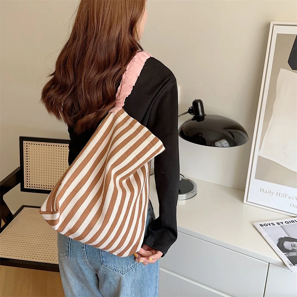 Contrast Color Women's Stripe Shoulder Bags Simple Canvas College Girls Book Tote Shopping Bag Casual Female Travel Handbags