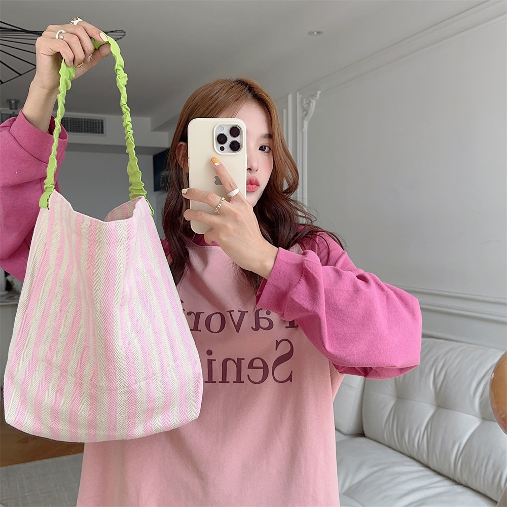 Contrast Color Women's Stripe Shoulder Bags Simple Canvas College Girls Book Tote Shopping Bag Casual Female Travel Handbags