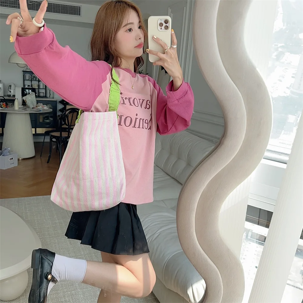 Contrast Color Women's Stripe Shoulder Bags Simple Canvas College Girls Book Tote Shopping Bag Casual Female Travel Handbags