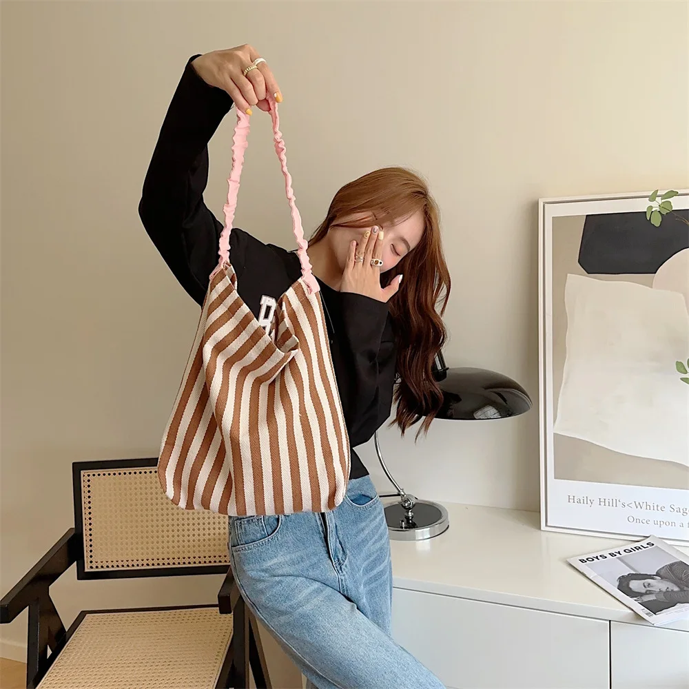 Contrast Color Women's Stripe Shoulder Bags Simple Canvas College Girls Book Tote Shopping Bag Casual Female Travel Handbags
