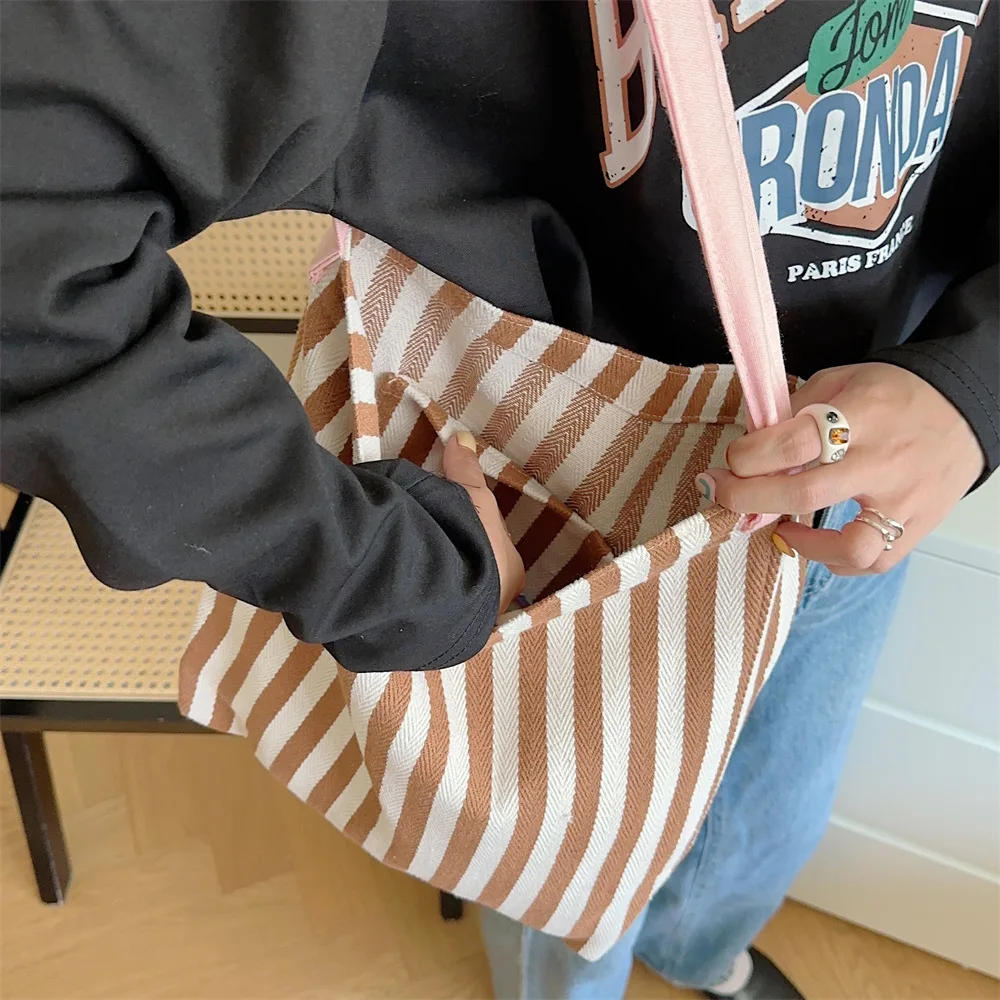 Contrast Color Women's Stripe Shoulder Bags Simple Canvas College Girls Book Tote Shopping Bag Casual Female Travel Handbags