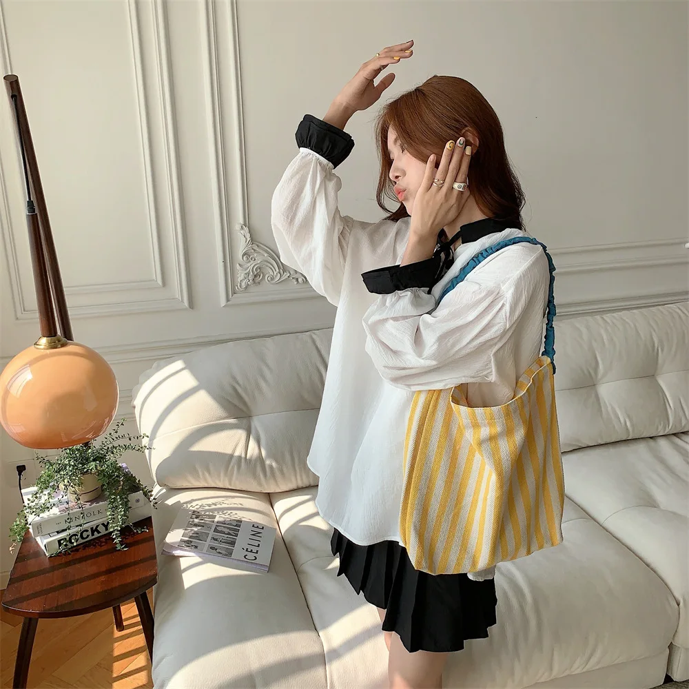 Contrast Color Women's Stripe Shoulder Bags Simple Canvas College Girls Book Tote Shopping Bag Casual Female Travel Handbags