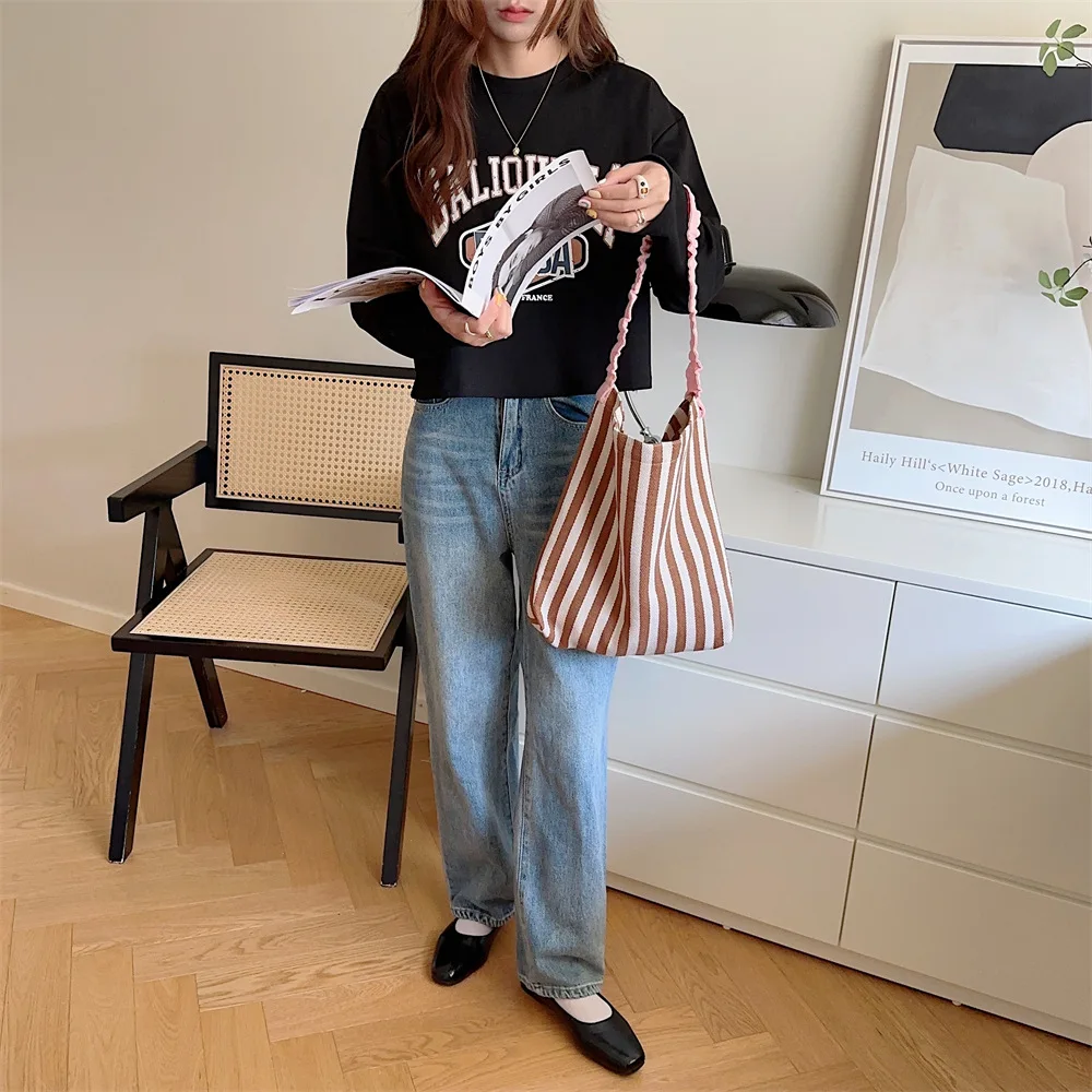 Contrast Color Women's Stripe Shoulder Bags Simple Canvas College Girls Book Tote Shopping Bag Casual Female Travel Handbags