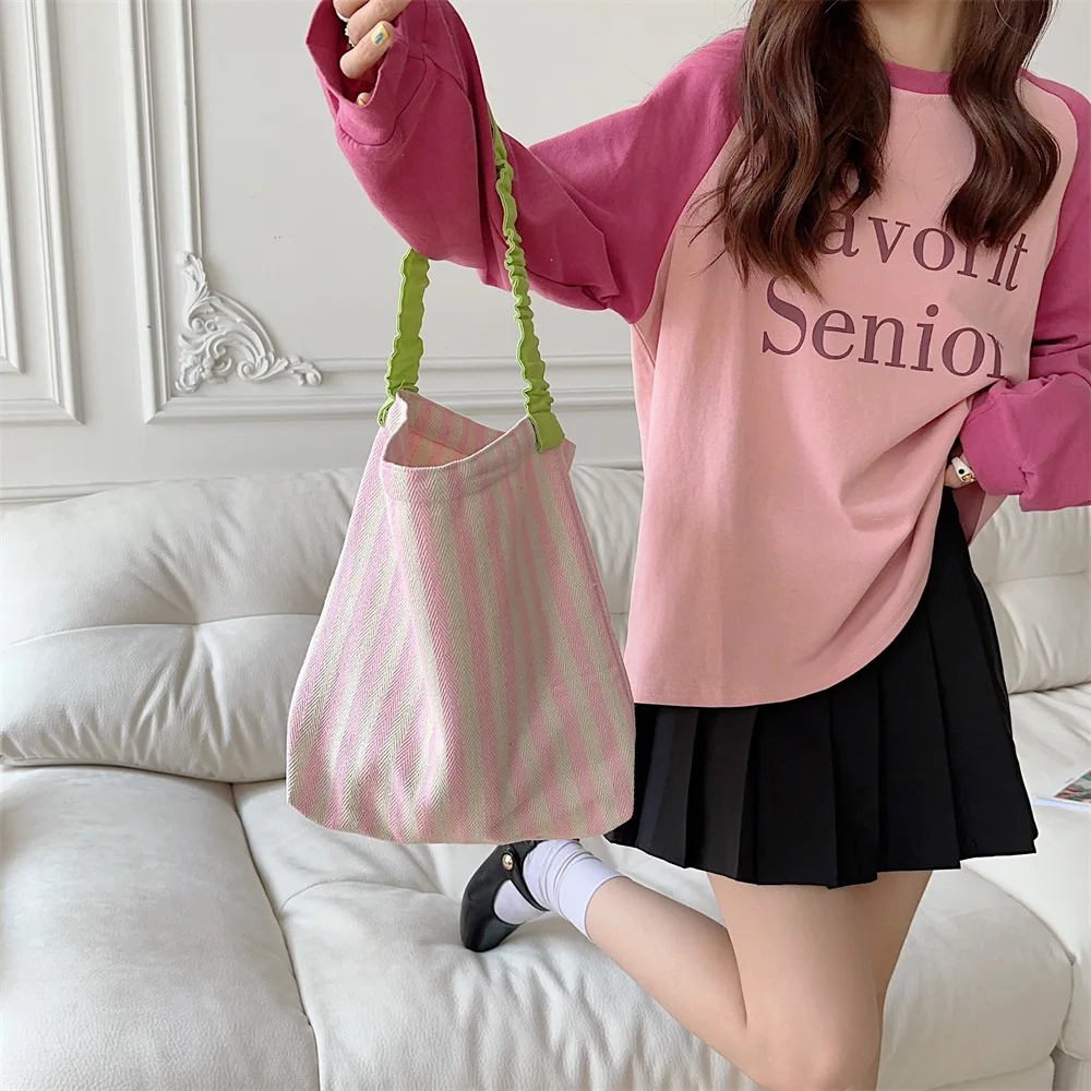 Contrast Color Women's Stripe Shoulder Bags Simple Canvas College Girls Book Tote Shopping Bag Casual Female Travel Handbags