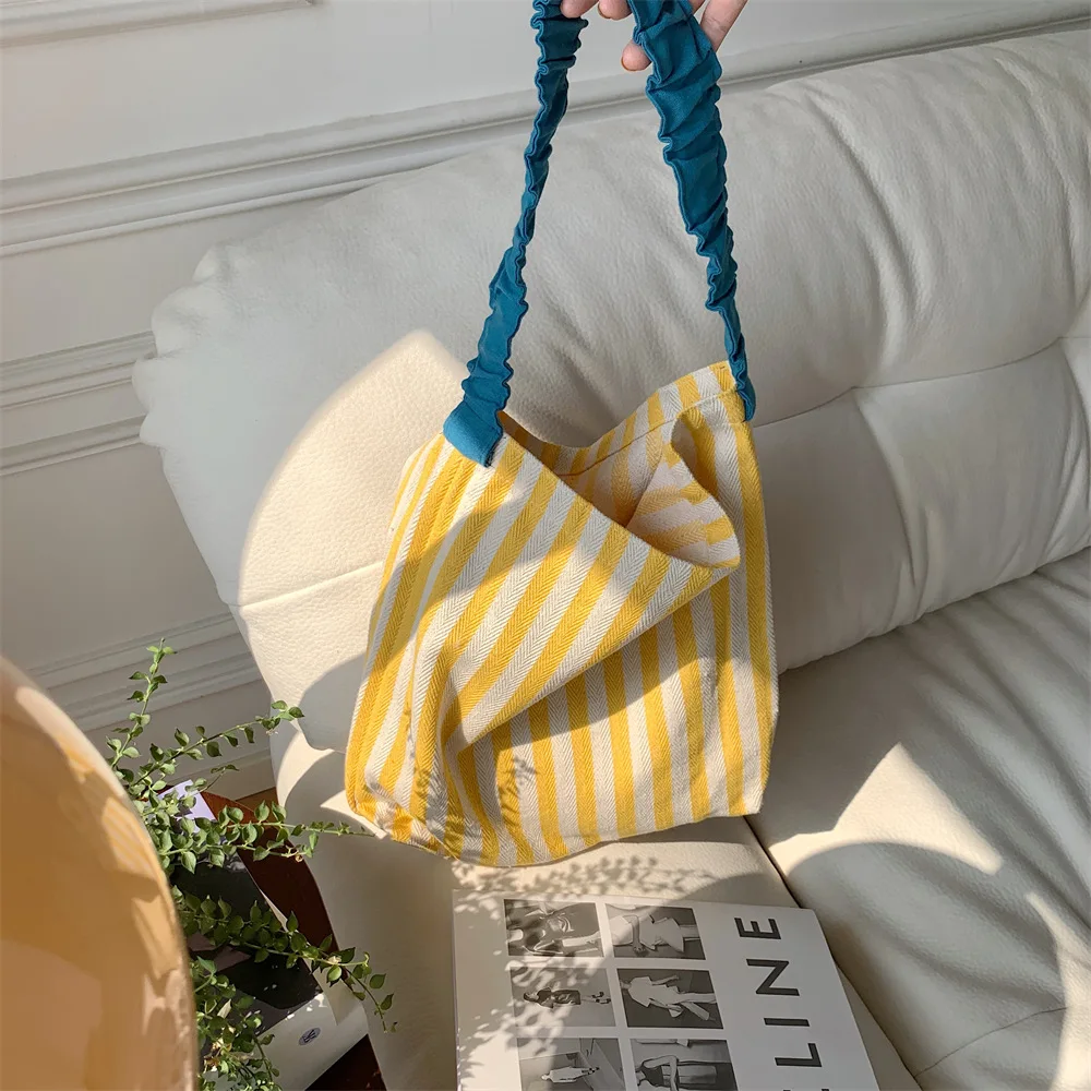 Contrast Color Women's Stripe Shoulder Bags Simple Canvas College Girls Book Tote Shopping Bag Casual Female Travel Handbags