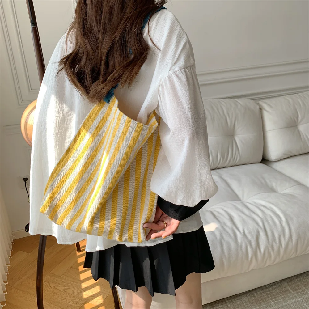 Contrast Color Women's Stripe Shoulder Bags Simple Canvas College Girls Book Tote Shopping Bag Casual Female Travel Handbags