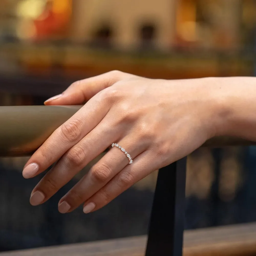 Trumium 14K Gold Plated Marquise Wedding Band for Women Stacking Ring Half Cubic Zirconia Eternity Engagement Ring Fine Jewelry