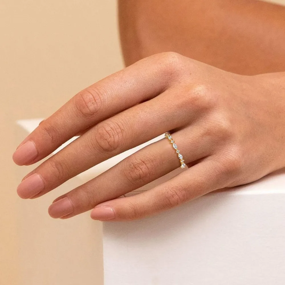 Trumium 14K Gold Plated Marquise Wedding Band for Women Stacking Ring Half Cubic Zirconia Eternity Engagement Ring Fine Jewelry