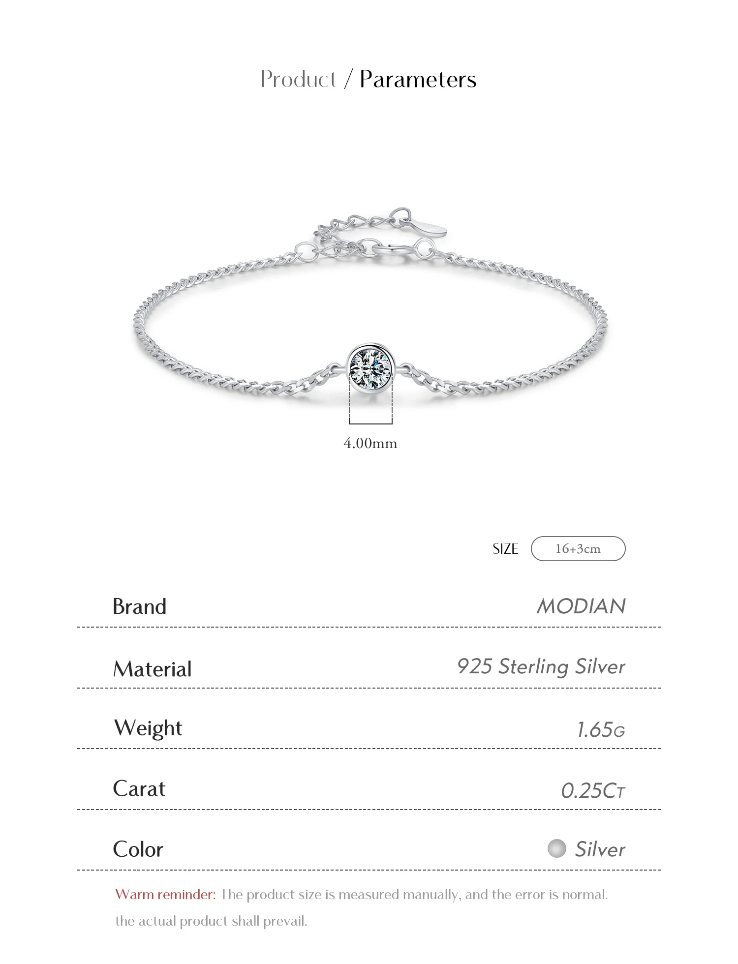MODIAN 0.25CT Moissanite Bezel Setting Bracelet For Women Diamond 925 Sterling Silver Elegant Chain Bracelet Wedding Jewelry