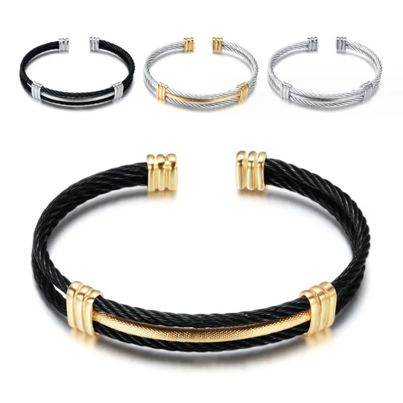 Luxury Gold Color Wire Knot Men Bracelet Hip Hop Women Stainless Steel Open Cuff Brangle Pulseira Bileklik Jewelry