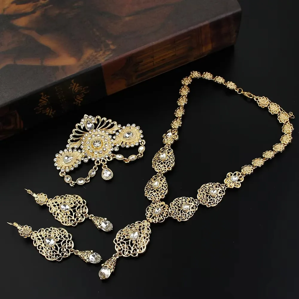 Sunspicems Chic Morocco Bride Jewelry Sets Gold Color Arabia Drop Earring Choker Necklace Caftan Brooch Sets 3Pcs Hollow Flower