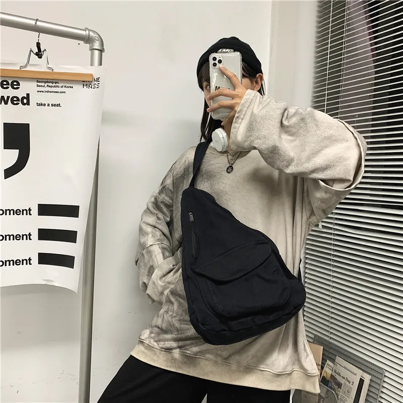 HOCODO Canvas Chest Bag Women 2022 Women Shoulder Messenger Bag Unisex Canvas Crossbody Bag Muliti Pocket Casual Women Bag