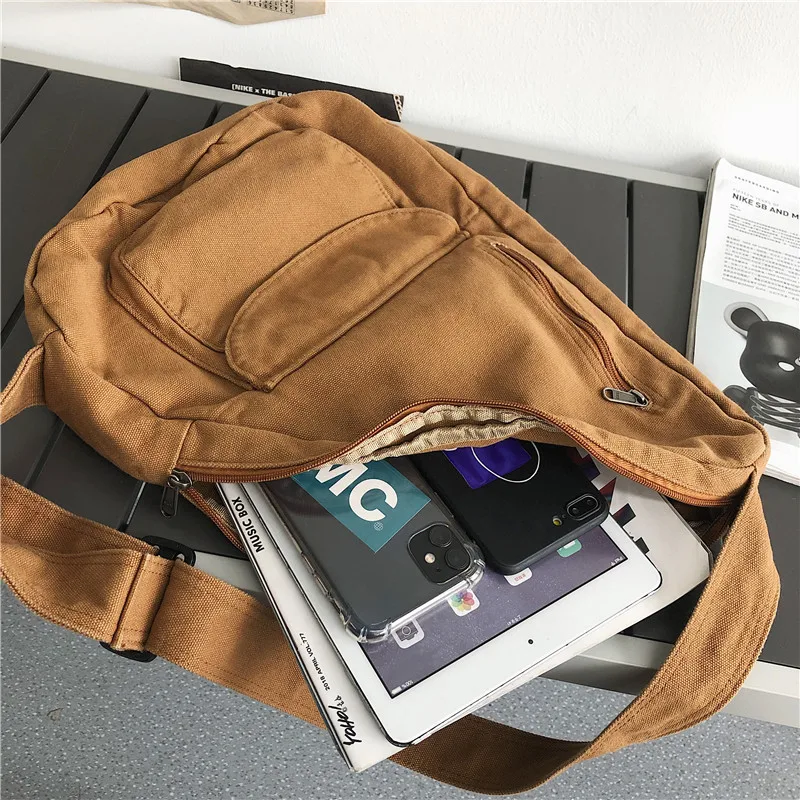 HOCODO Canvas Chest Bag Women 2022 Women Shoulder Messenger Bag Unisex Canvas Crossbody Bag Muliti Pocket Casual Women Bag