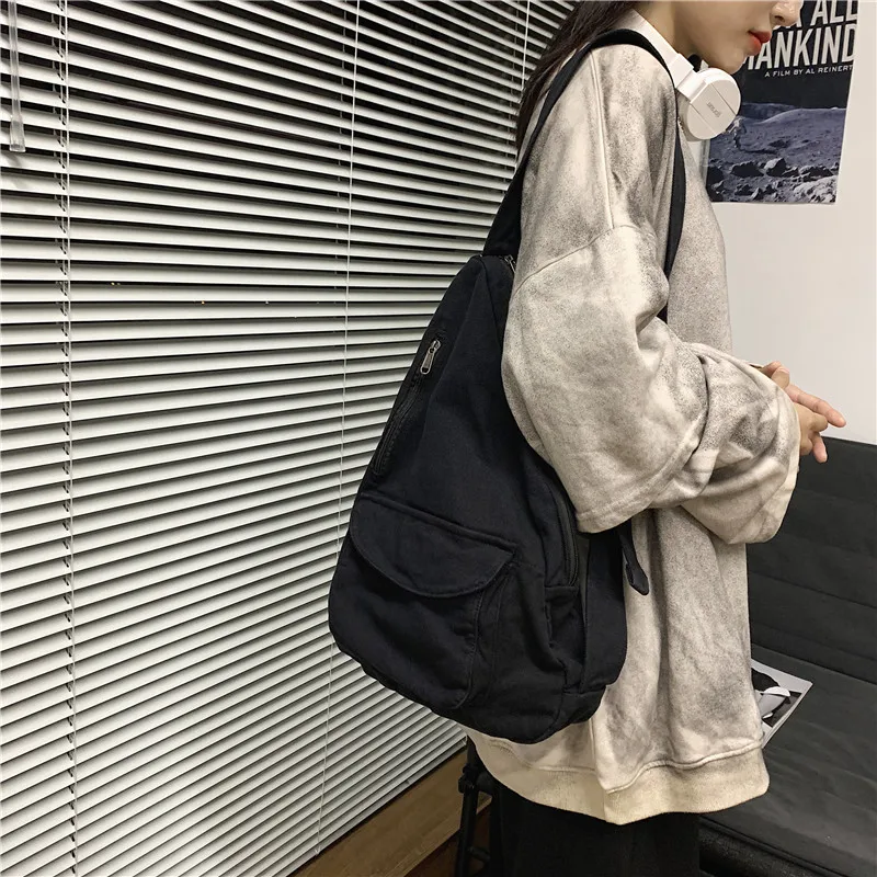 HOCODO Canvas Chest Bag Women 2022 Women Shoulder Messenger Bag Unisex Canvas Crossbody Bag Muliti Pocket Casual Women Bag