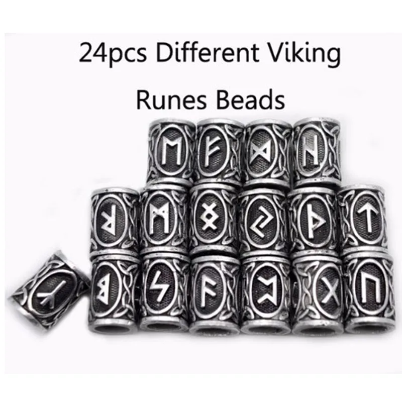 24pcs/Set Vintage Futhark Runes Viking Beads Spacer Large Hole Beard Hair Bead for Charm Bracelet DIY Handmade Jewelry Making