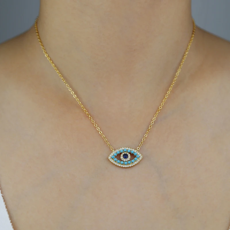 2023 New Arrived Fashion Women Lady Jewelry Gold Color White Blue Turquoises Stone Nice Turkish Evil Eye Necklace