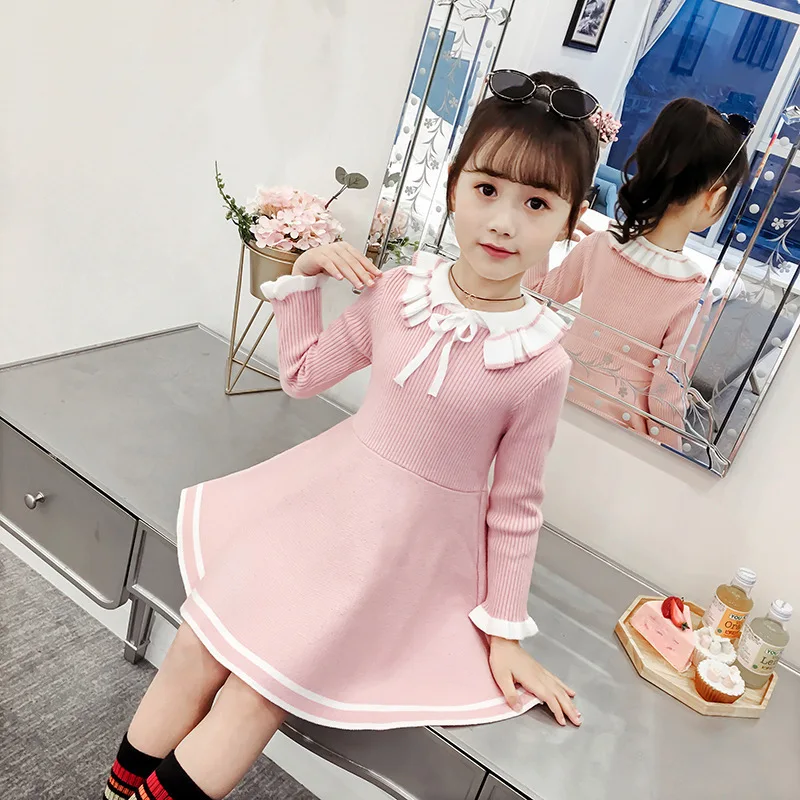 New Girl Baby Sweater Knitted Dress Children Warm Sweater Dress for Girls Infant Casual Pure Color Pleated Princess Dress