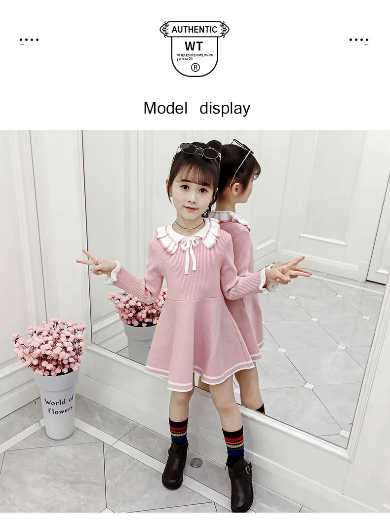 New Girl Baby Sweater Knitted Dress Children Warm Sweater Dress for Girls Infant Casual Pure Color Pleated Princess Dress