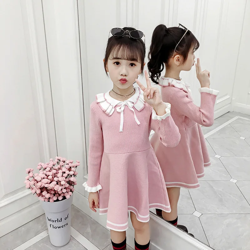 New Girl Baby Sweater Knitted Dress Children Warm Sweater Dress for Girls Infant Casual Pure Color Pleated Princess Dress