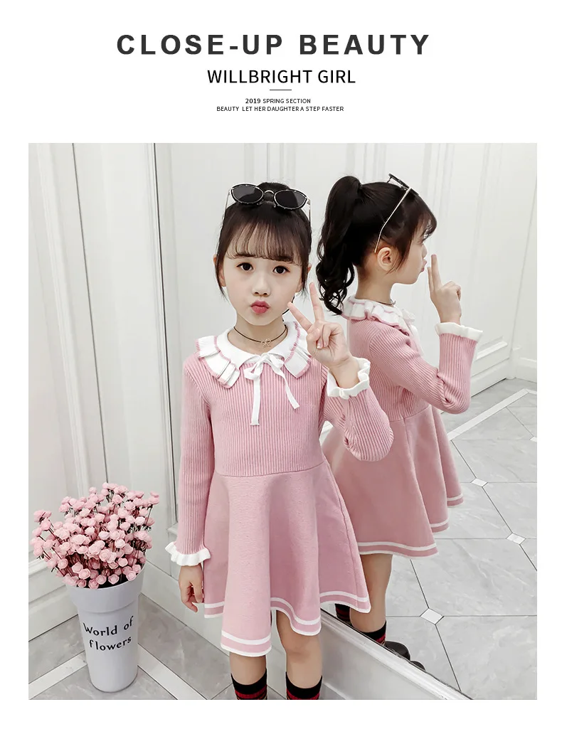New Girl Baby Sweater Knitted Dress Children Warm Sweater Dress for Girls Infant Casual Pure Color Pleated Princess Dress